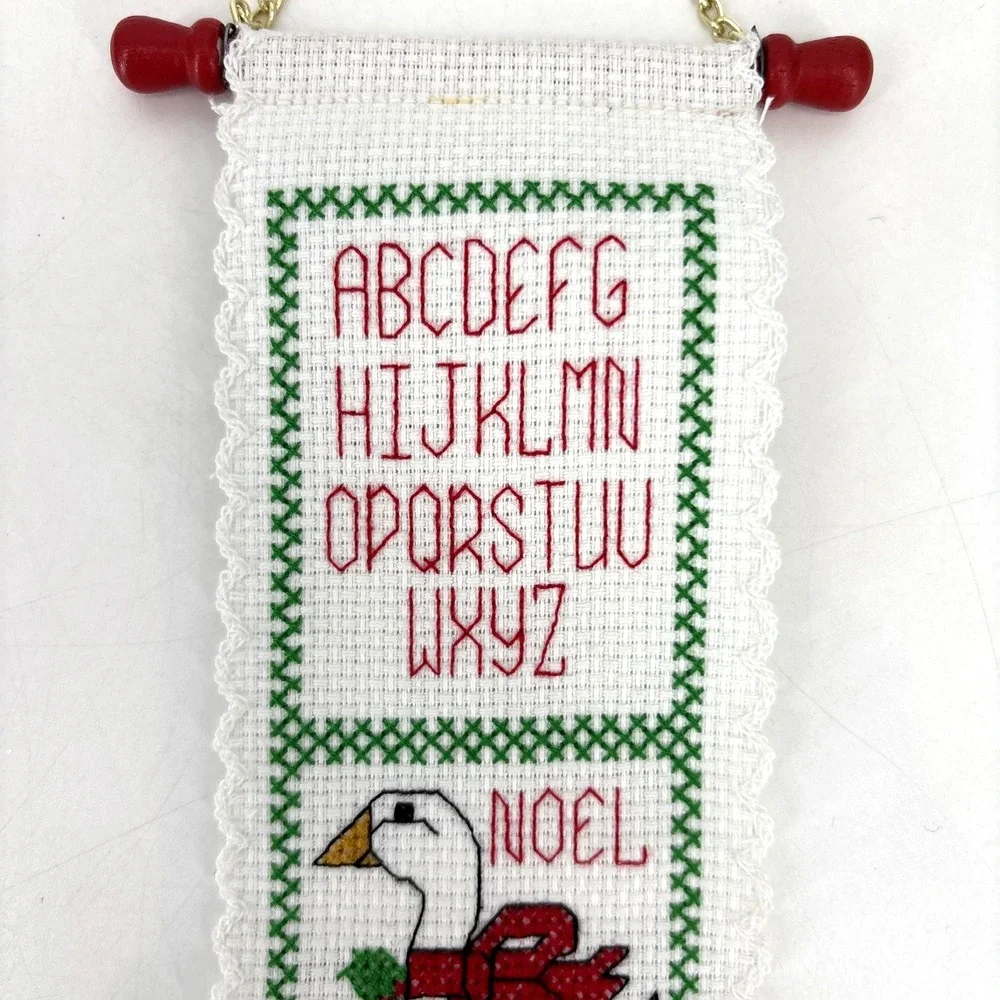 Christmas Alphabet Stitchery Hand Cross Stitch Wall Hanging Goose Noel Vintage‎
